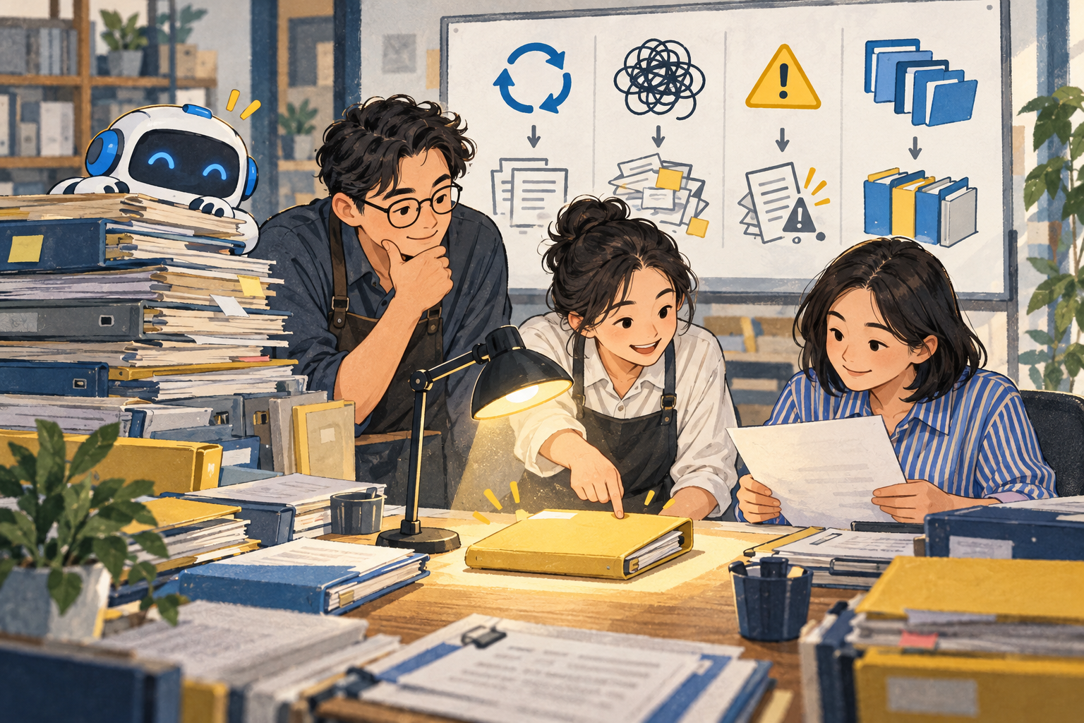 情境插圖：老闆、同事與 AI 從一堆工作中選出一件範圍清楚、有人核對的工作先試做。
