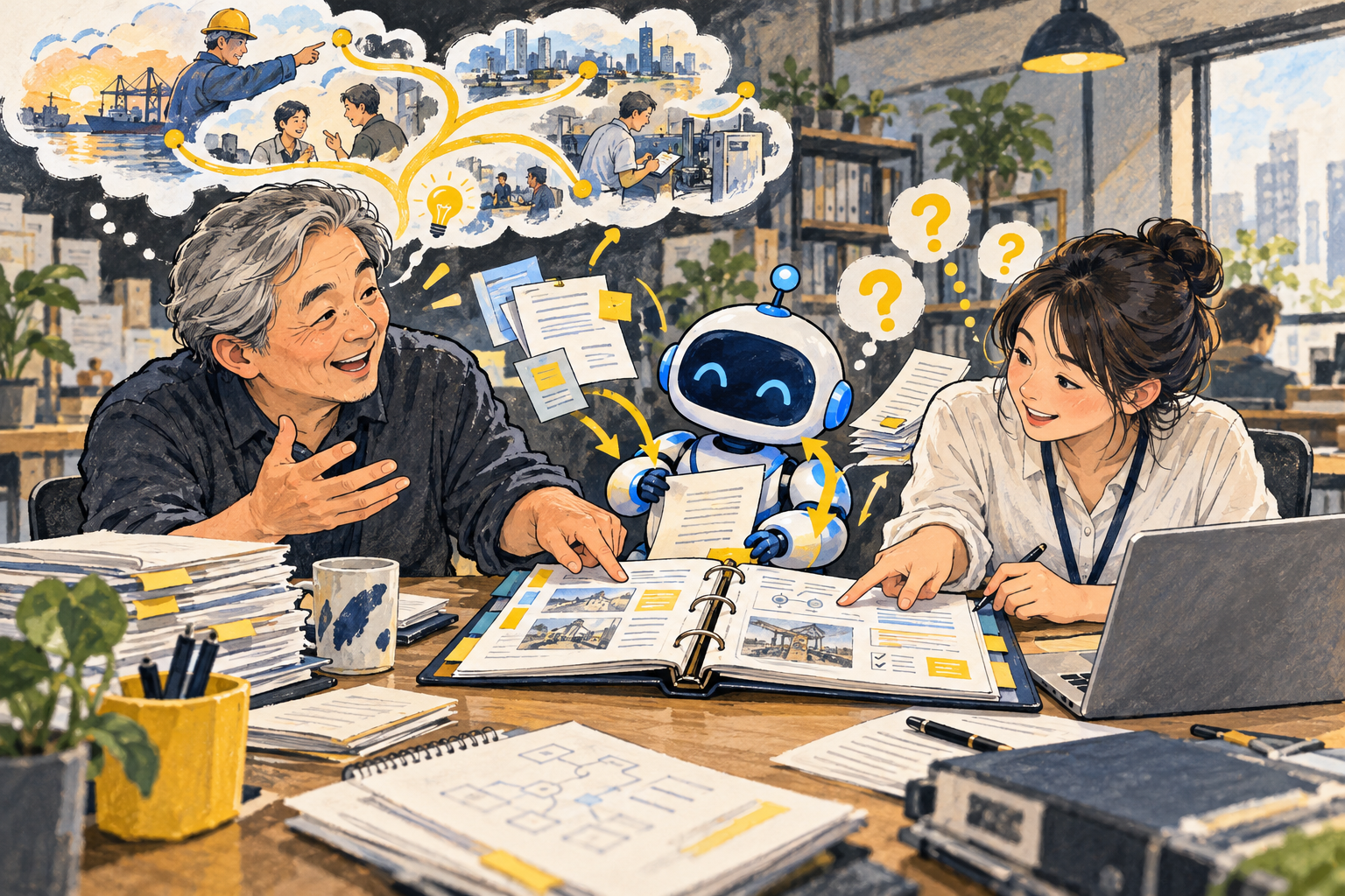 資深同事口述、AI 整理，再由同事核對並實際接手工作的情境插圖。